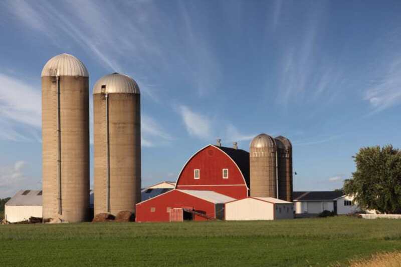 Farm with silos and red barn
